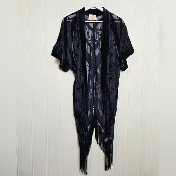 Pins & Needles Blue Velvet Burnout Sheer Fringe Kimono Open Front Womens M/L - Picture 2 of 13